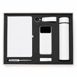 Coffret 6 Pcs, Gourde avec indicateur, stylo Métallique, flashdisk avec sortie Type C , Porte-clés simili cuir, Notebook A5, powerbank 10000mah